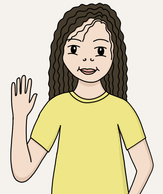 Cartoon girl of Louise Frame waving